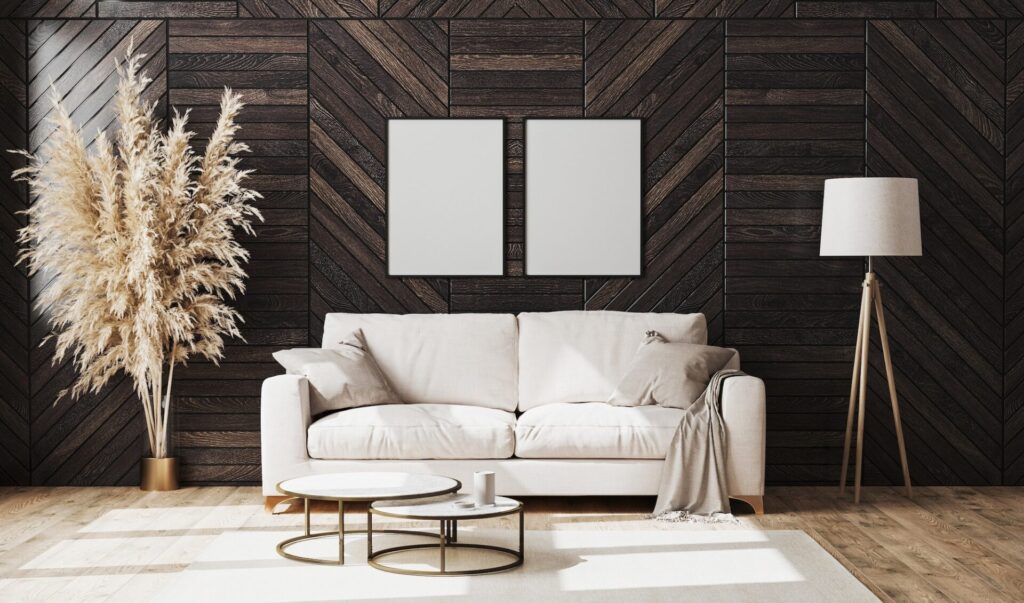 Blank poster frames in modern luxury living room interior
